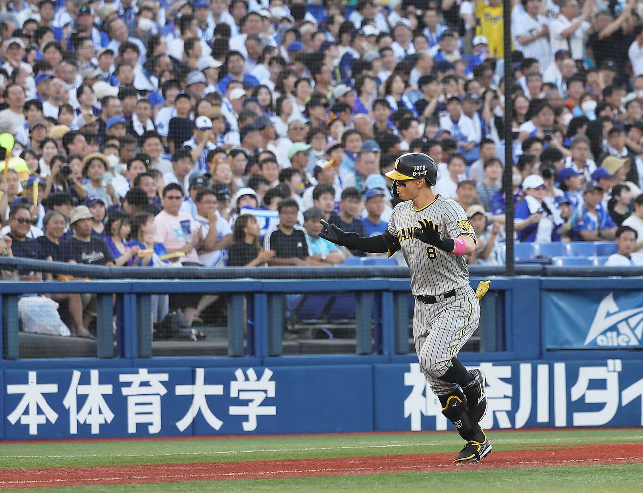 DeNA対阪神　1回表阪神1死、佐藤輝は2者連続となる右越え本塁打を放ち「カモメポーズ」（撮影・足立雅史）