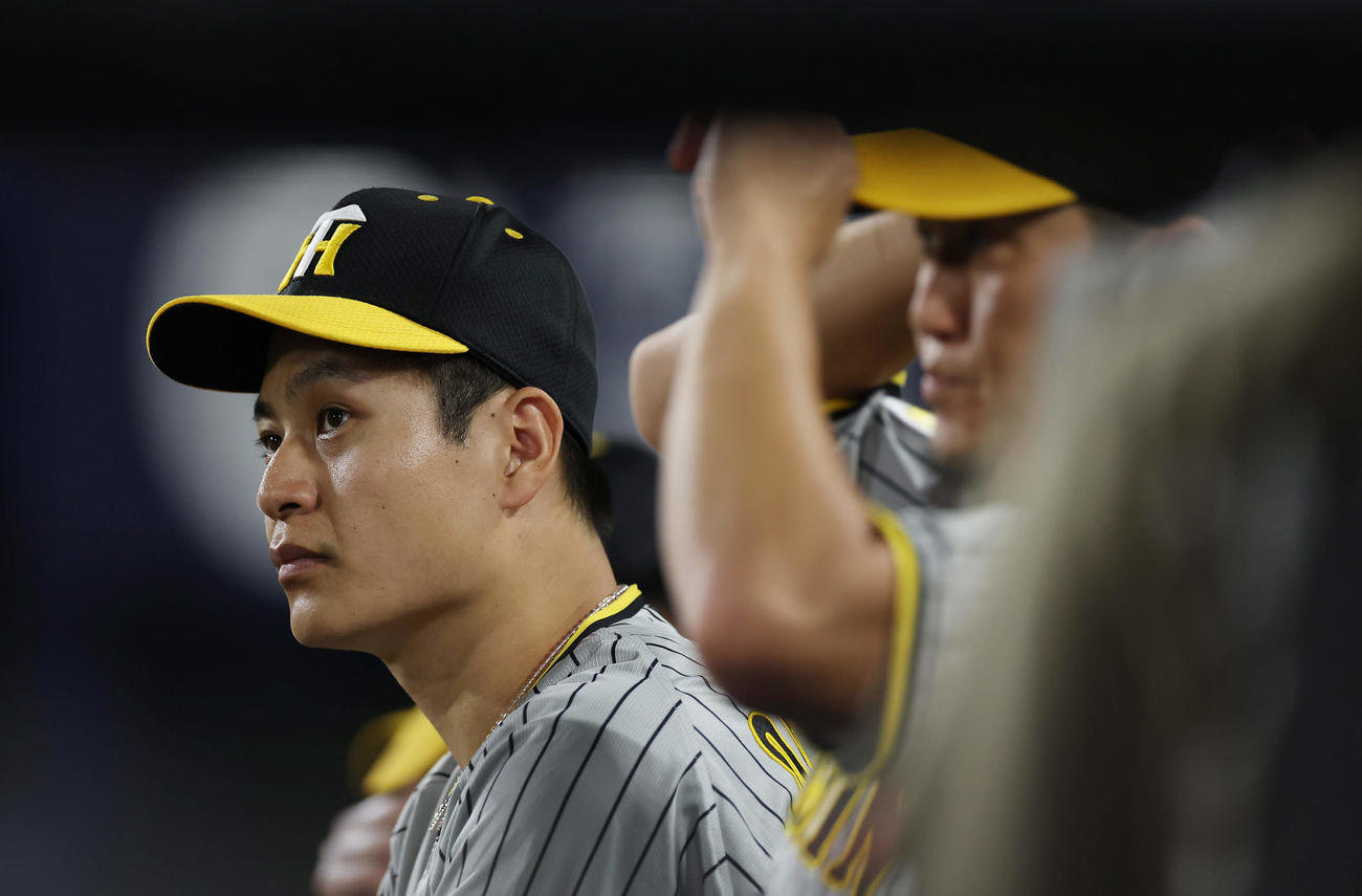 DeNA対阪神　8回裏、ベンチから試合を見つめる阪神大竹。右は岩貞（撮影・前田充）
