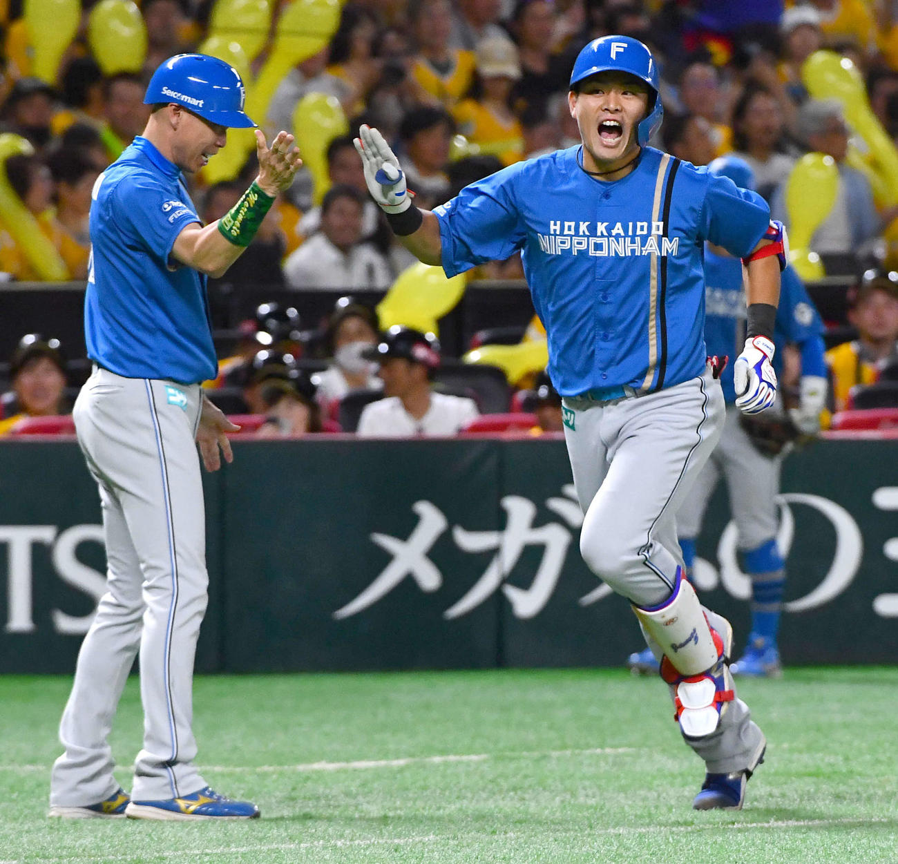 ソフトバンク対日本ハム　7回表日本ハム2死一塁、逆転の中越え2点本塁打を放った野村（右）は、雄たけびをあげながら森本コーチとハイタッチする（撮影・岩下翔太）