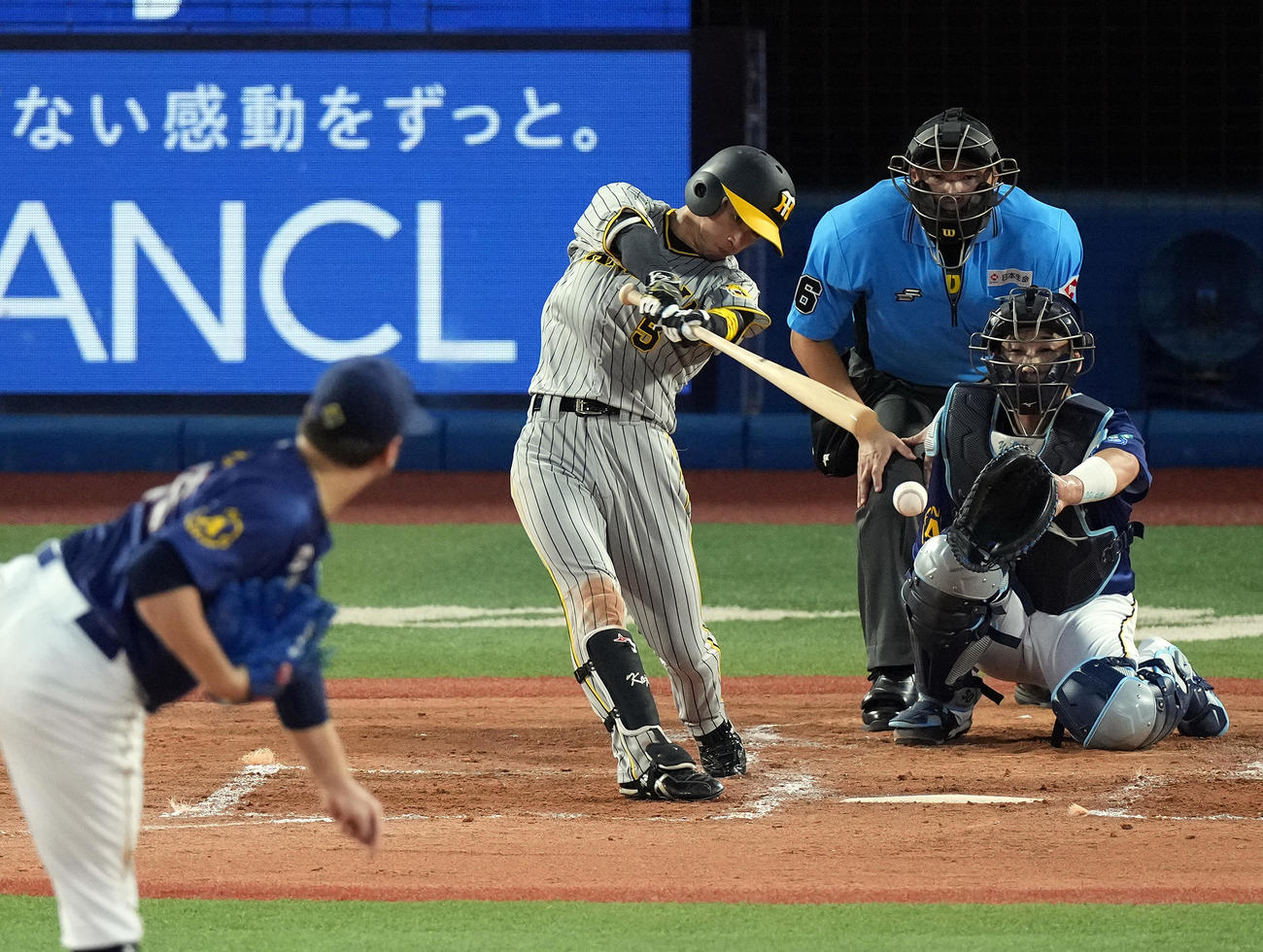 DeNA対阪神　3回表阪神1死、中前打を放つ近本。投手ケイ（撮影・たえ見朱実）