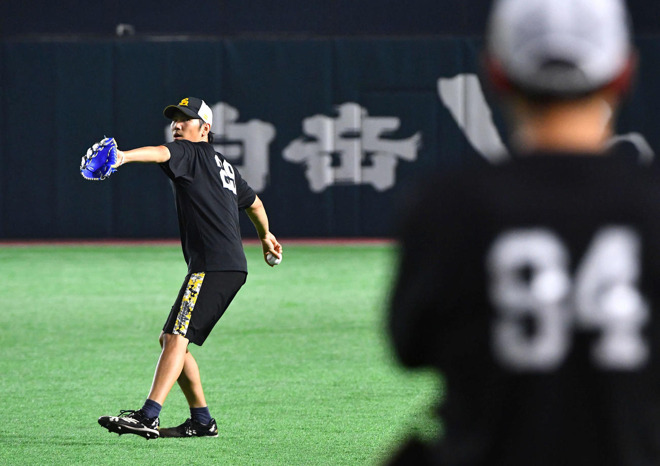 倉野コーチ（右）が見守る前でキャッチボールを行う石川（撮影・岩下翔太）