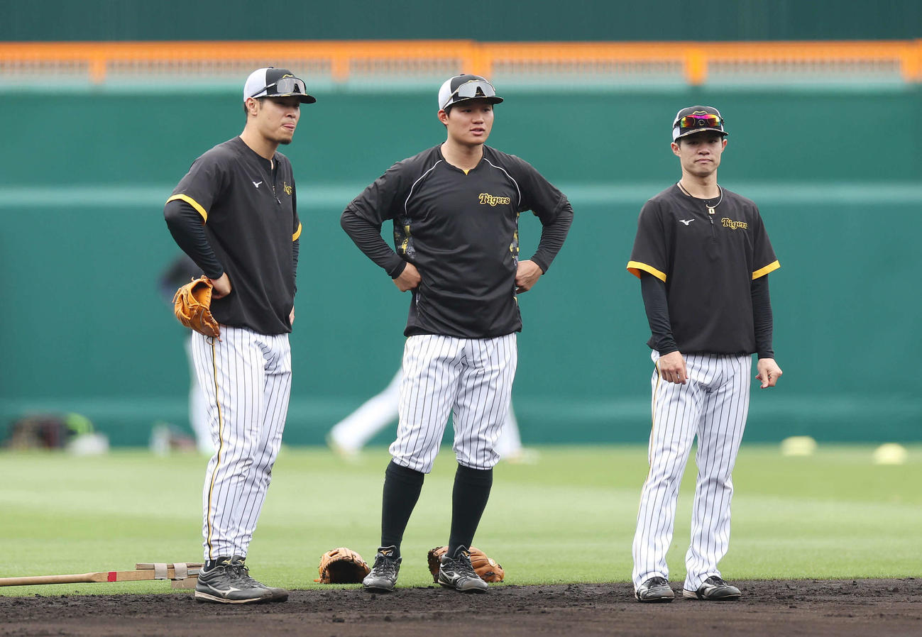甲子園で言葉を交わす、左から阪神佐藤輝、森下、中野