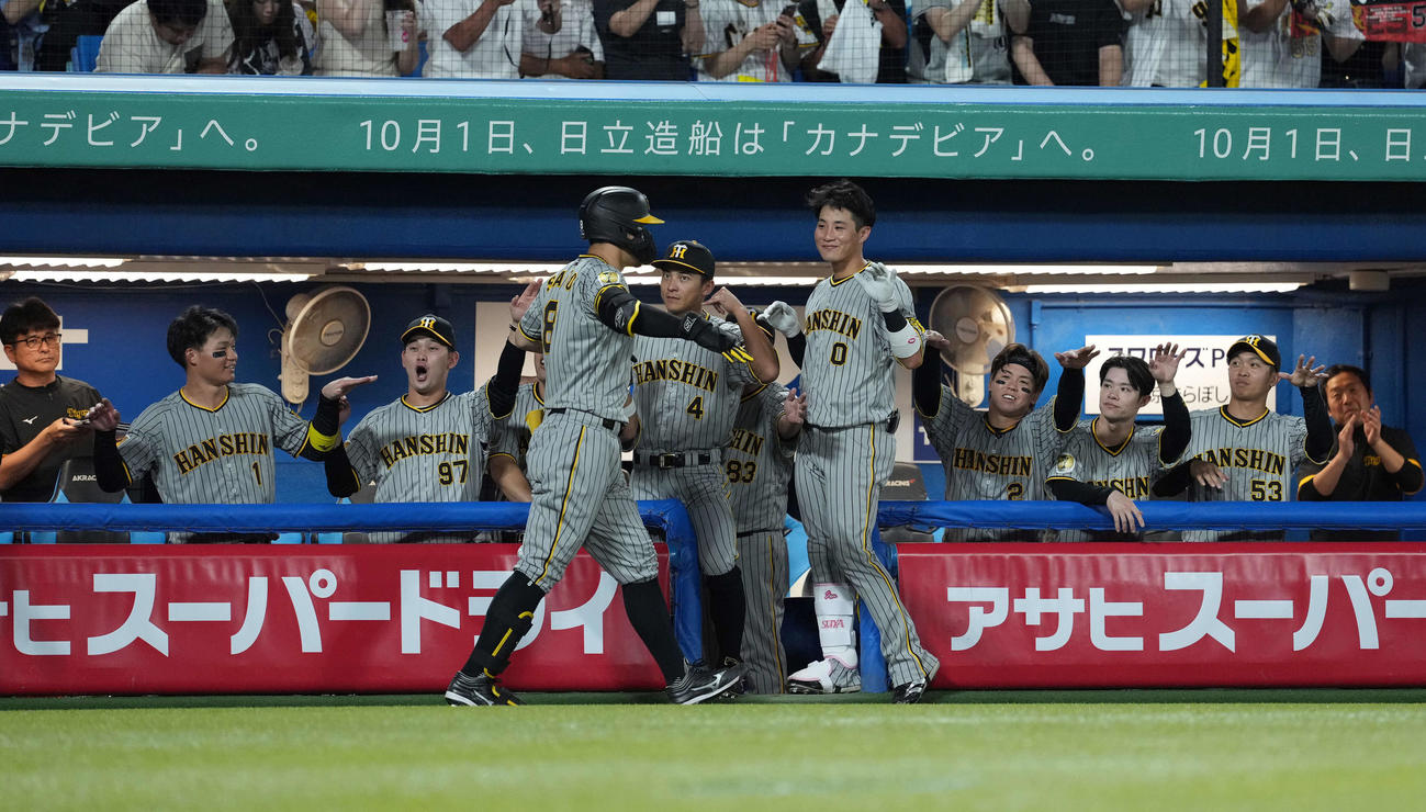 ヤクルト対阪神　3回表阪神2死三塁、2点本塁打を放った佐藤輝を迎えるナイン（撮影・たえ見朱実）