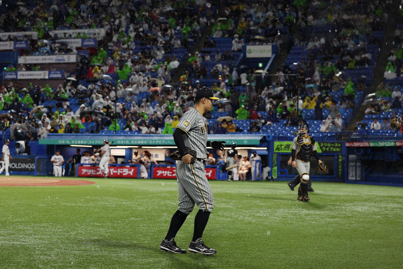 ヤクルト対阪神　5回裏、雷雨のため試合が中断されベンチへ戻る阪神佐藤輝（手前）ら選手たち（撮影・前田充）