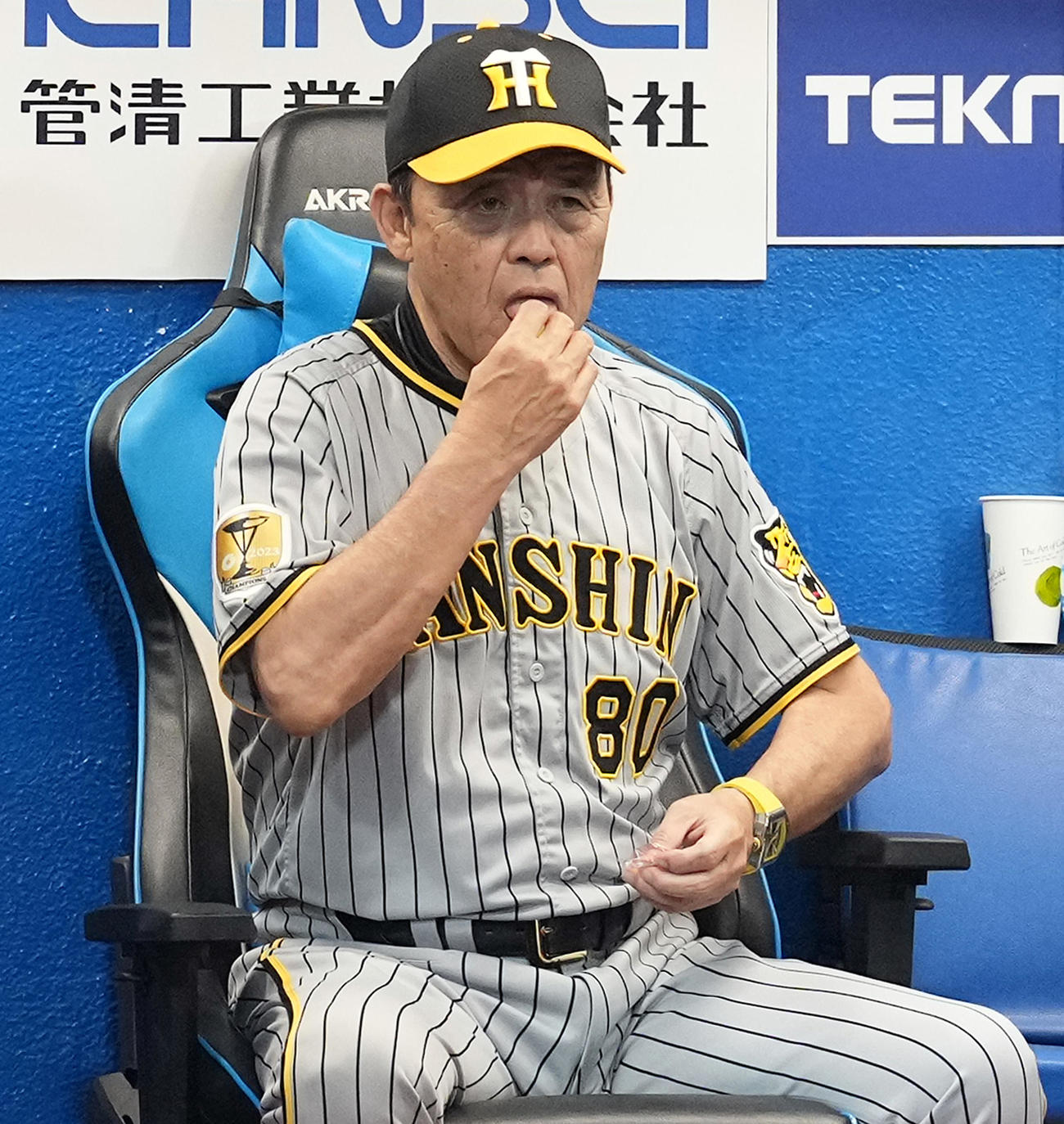 ヤクルト対阪神　ベンチでパインあめをほおばる阪神岡田監督（撮影・たえ見朱実）