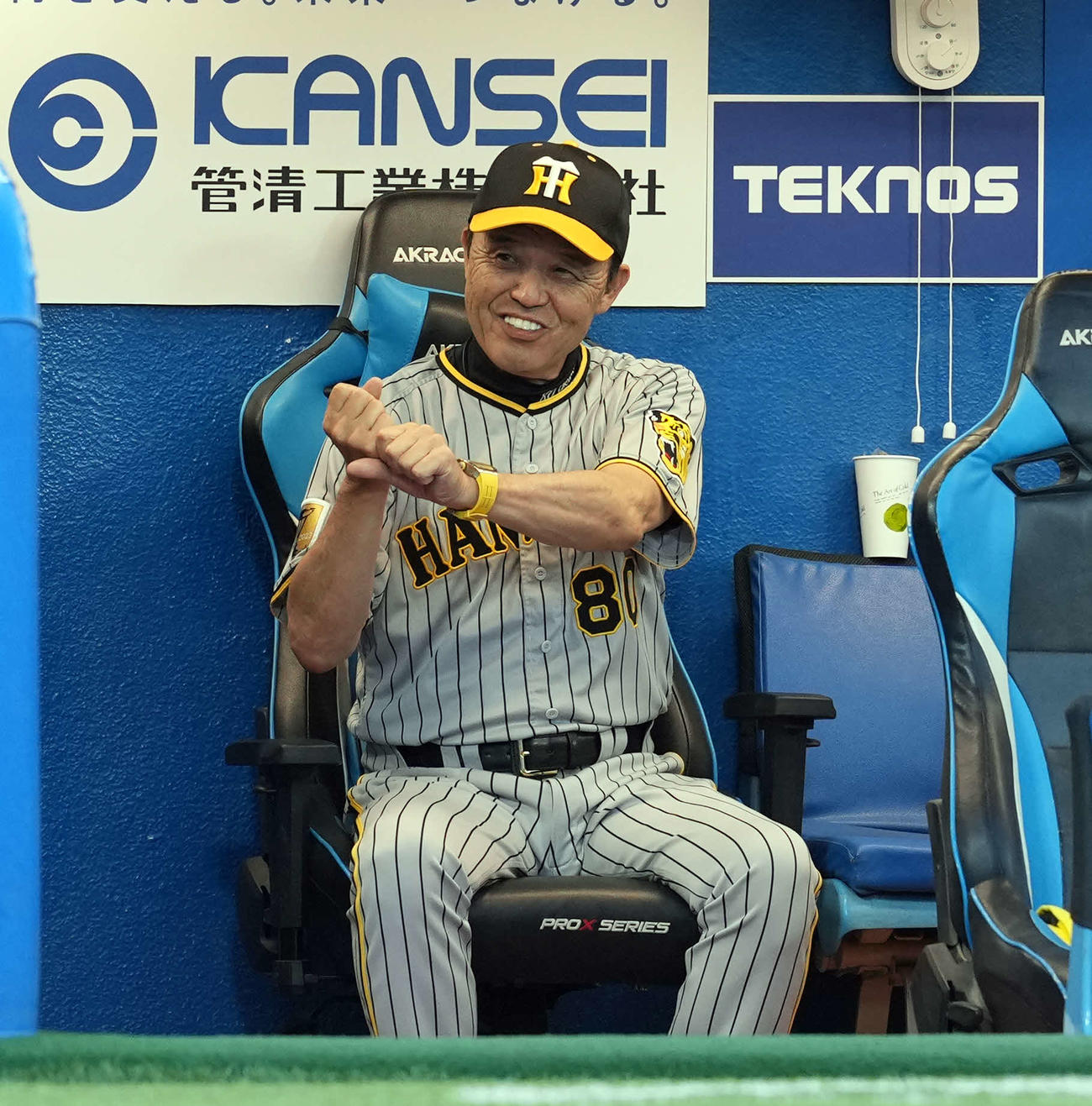 ヤクルト対阪神　ベンチで笑顔を見せる阪神岡田監督（撮影・たえ見朱実）