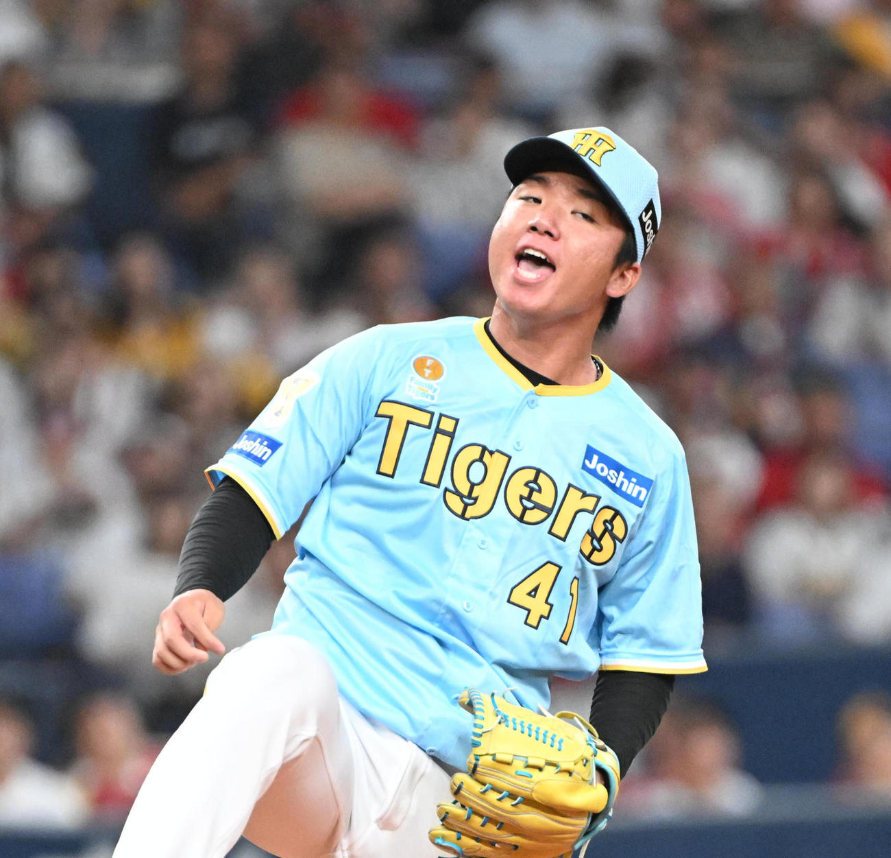 阪神対広島　2回表広島無死、末包を一邪飛に打ち取りほえる村上（撮影・和賀正仁）