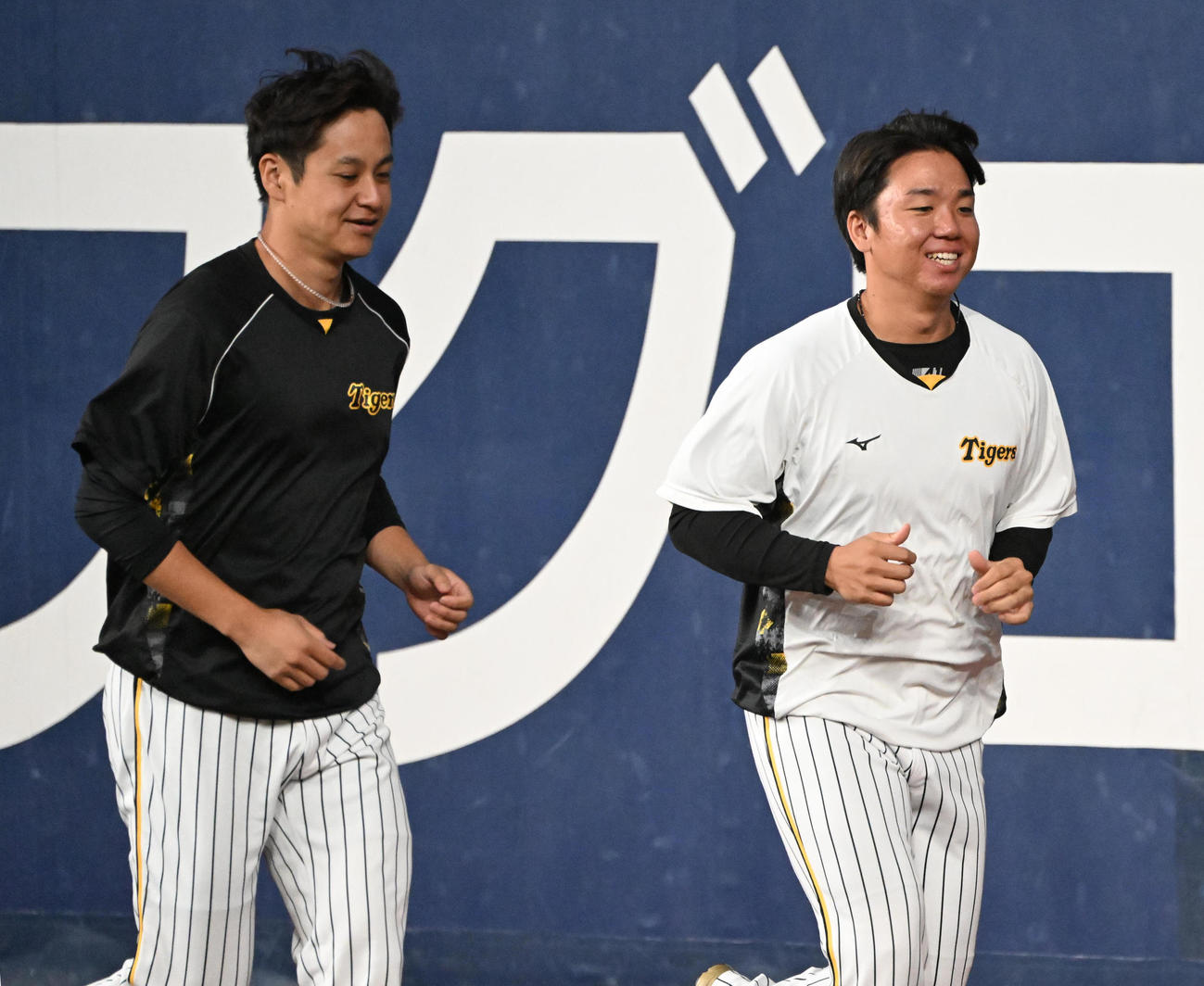 阪神対広島　京セラドームの外野をランニングする阪神村上（右）と大竹（撮影・和賀正仁）
