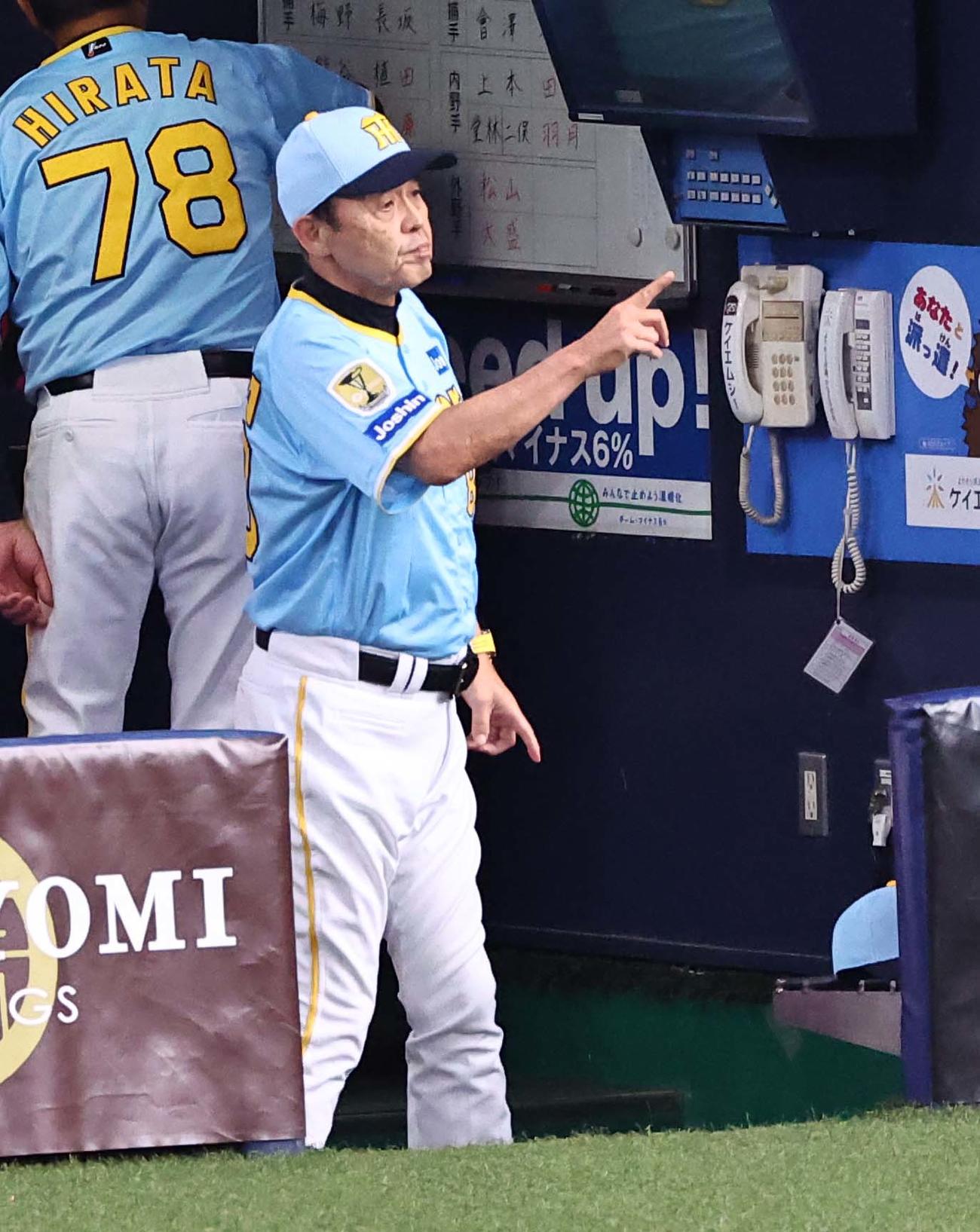阪神対広島　選手交代を告げる岡田監督（撮影・上田博志）