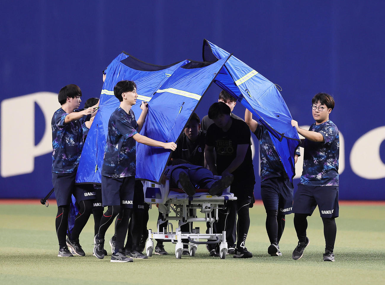 中日対巨人　5回裏中日1死二塁、板山の打球の捕球を試みた際、負傷し担架で運ばれるヘルナンデス（撮影・足立雅史）