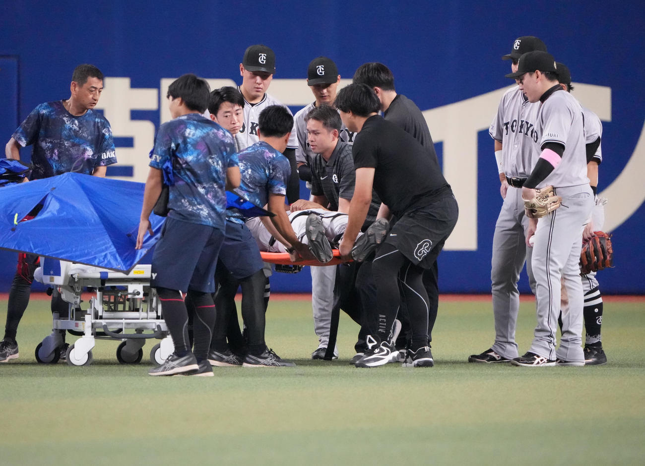 中日対巨人　5回裏中日1死、木下の打球に飛び込み負傷しストレッチャーに乗せられ退場するヘルナンデス（撮影・森本幸一）