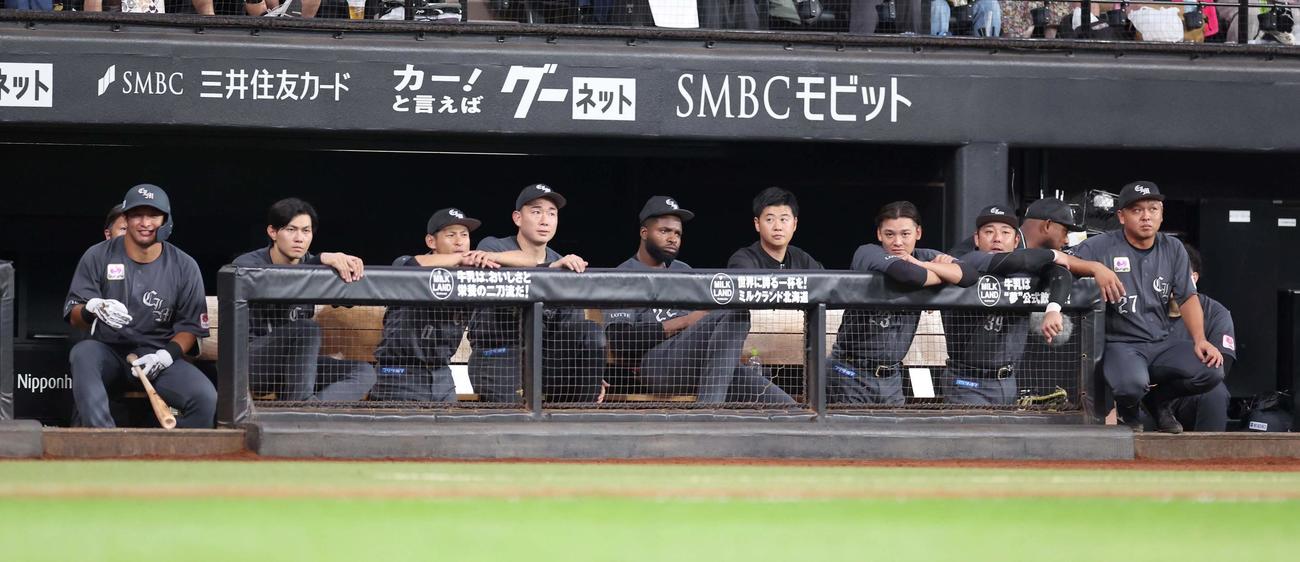 日本ハム対ロッテ　ベンチで渋い表情のロッテナイン（撮影・黒川智章）