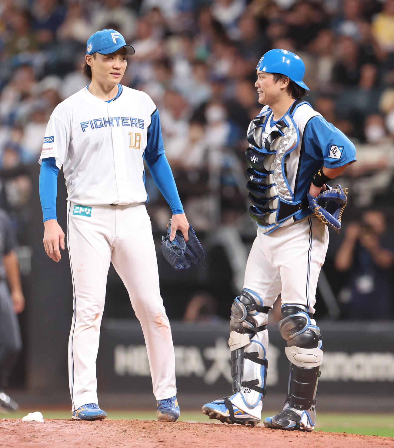 日本ハム対ロッテ　7回表途中で降板する山崎（左）と話す伏見（撮影・佐藤翔太）