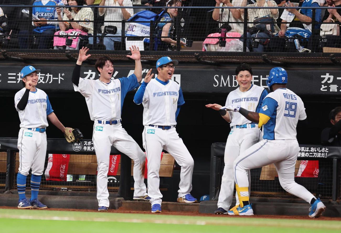 日本ハム対ロッテ　3回裏、3点本塁打を放ったレイエス（右端）はベンチ前で「キヨダンス」（撮影・黒川智章）