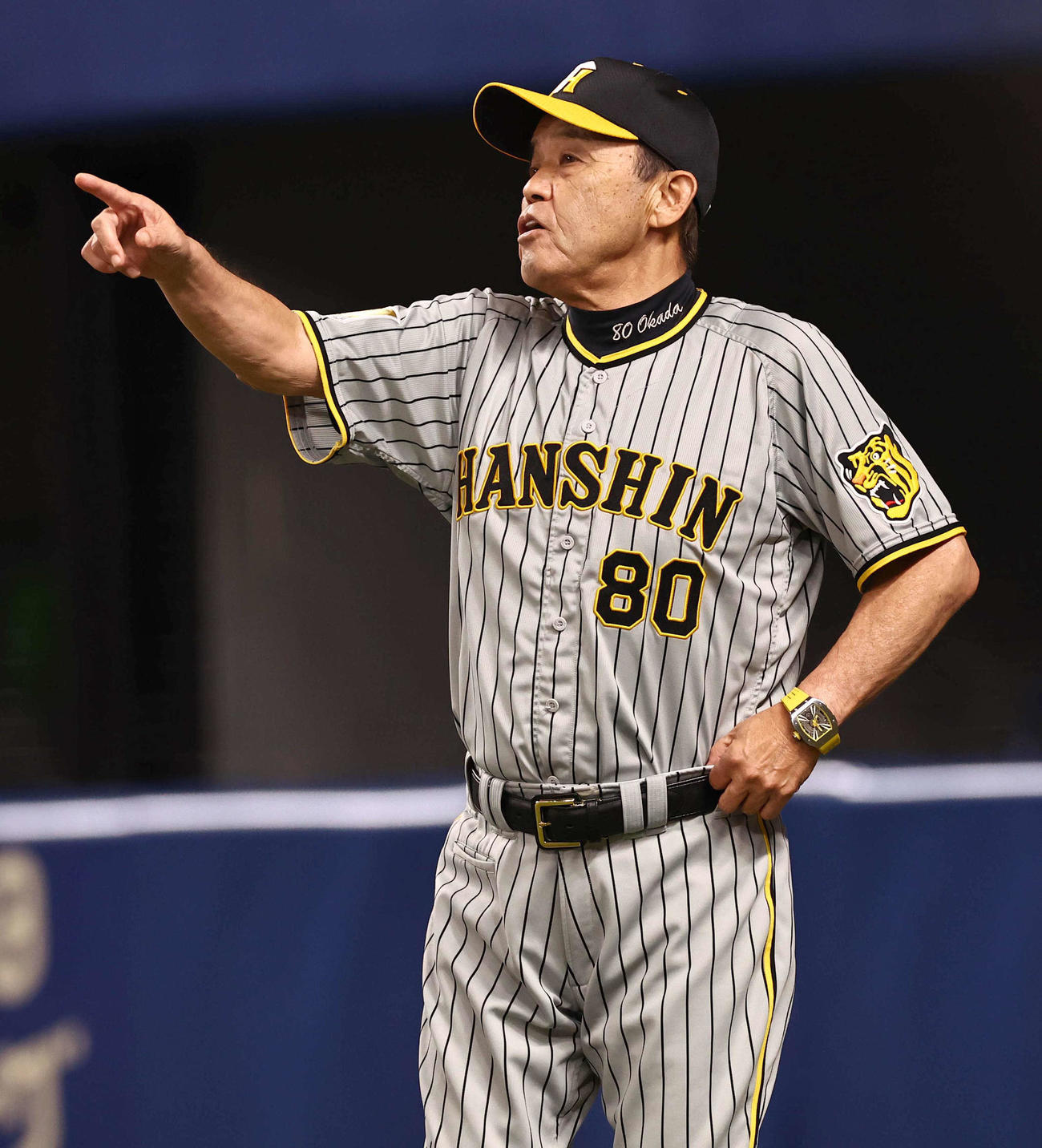 中日対阪神　選手交代を告げる岡田監督（撮影・上田博志）