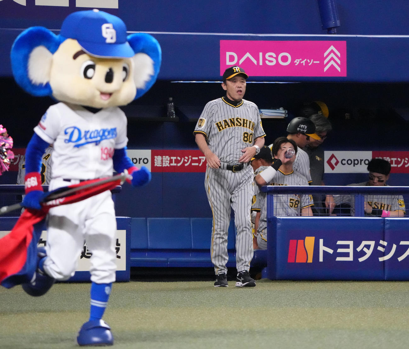 中日対阪神　7回表終了、選手交代を告る岡田監督（撮影・森本幸一）