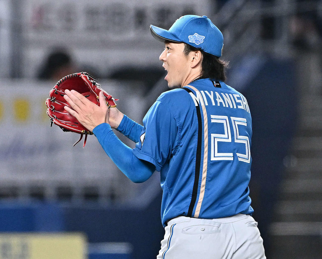 ロッテ対日本ハム　7回裏ロッテ2死、ソトを左飛に打ち取りグラブをたたく宮西（撮影・滝沢徹郎）