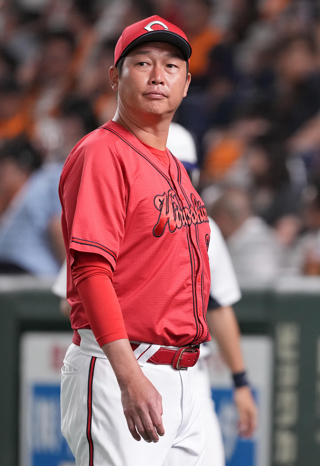 巨人対広島　6回裏前、先発森下の降板を告げベンチへ戻る広島新井監督（撮影・鈴木みどり）