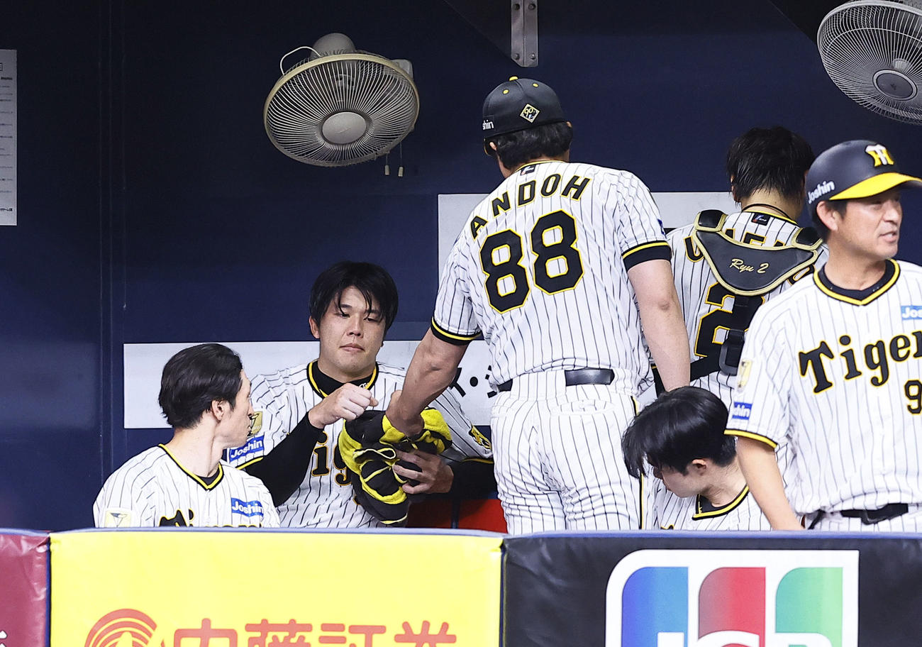 阪神対ヤクルト　7回を投げ終えベンチで安藤投手コーチとグータッチを交わす阪神才木（左から2人目）（撮影・藤尾明華）
