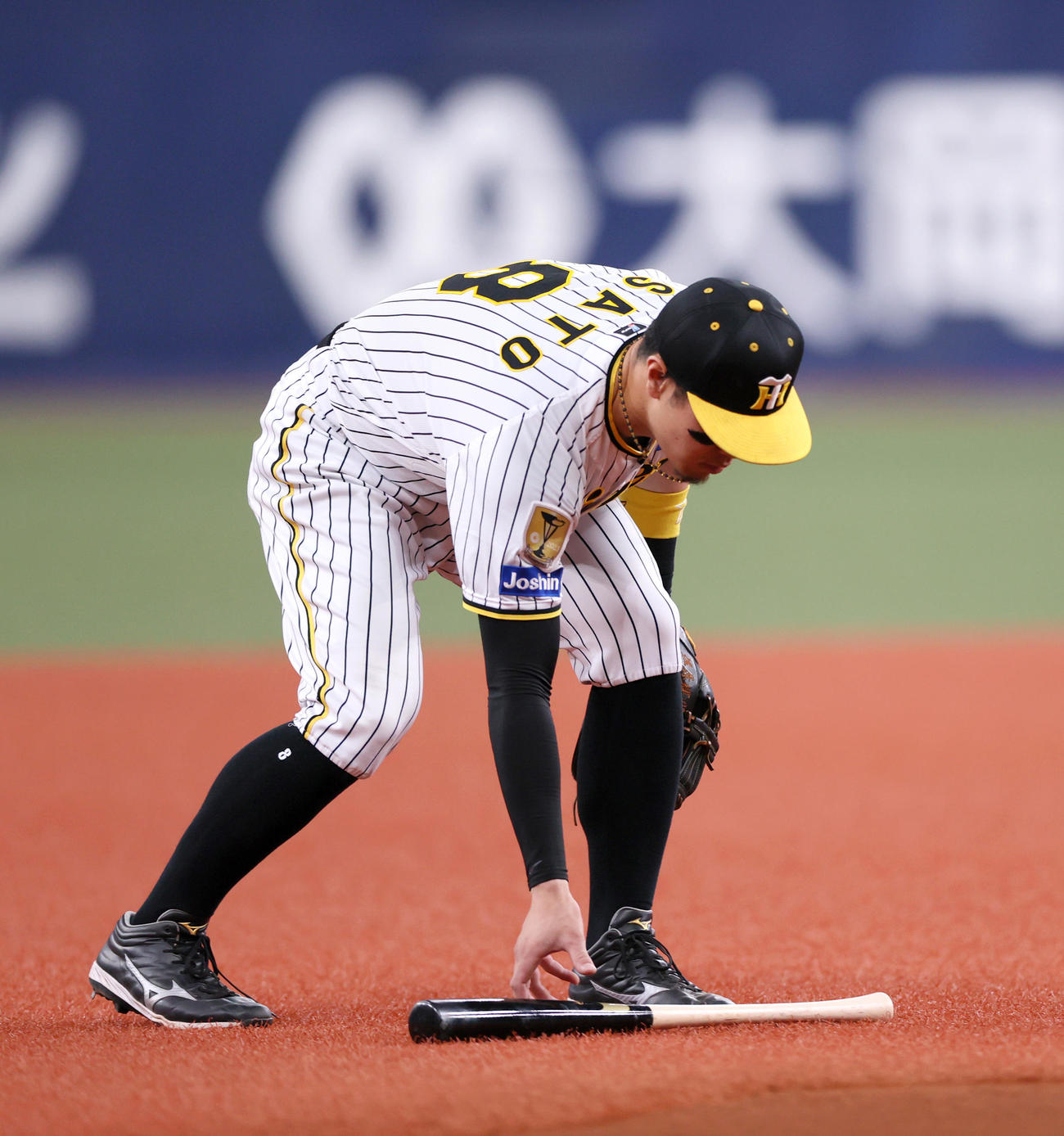 阪神対ヤクルト　6回表ヤクルト1死三塁、佐藤輝はオスナが飛ばしたバットを拾う（撮影・上山淳一）