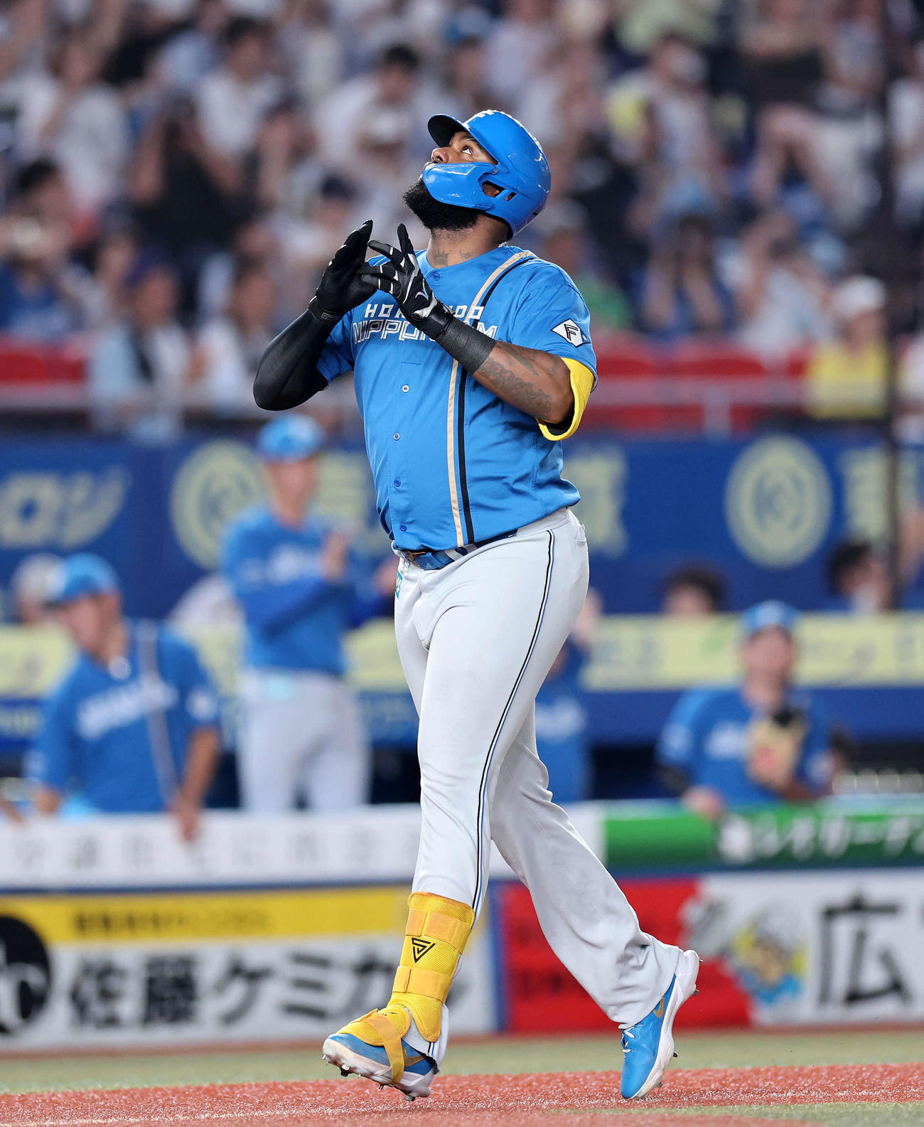 ロッテ対日本ハム　4回表日本ハム無死一塁、レイエスは左越え2点本塁打を放ちポーズを決める（撮影・鈴木正人）