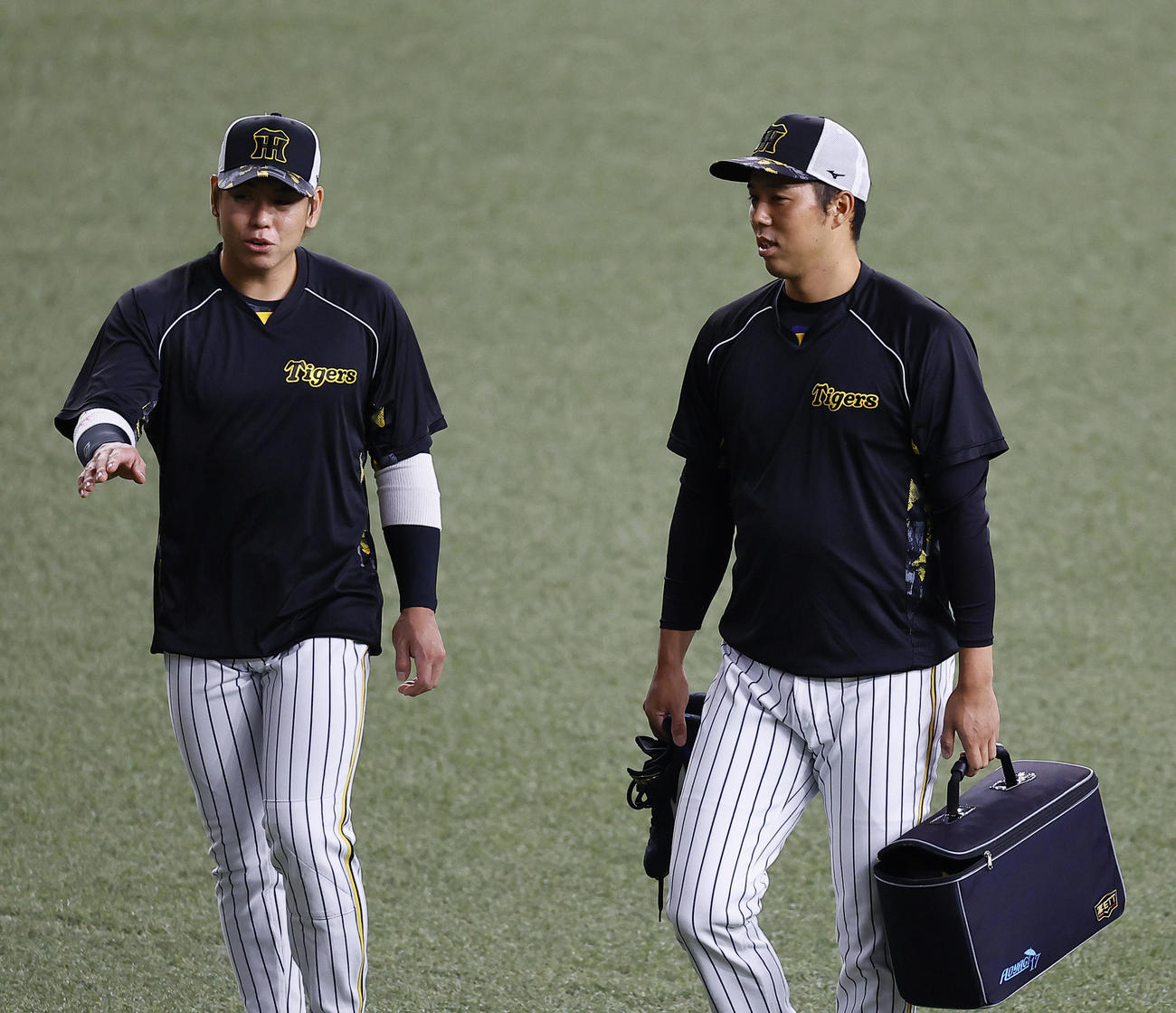 阪神対ヤクルト　練習前に話をする阪神梅野（左）と青柳（撮影・藤尾明華）