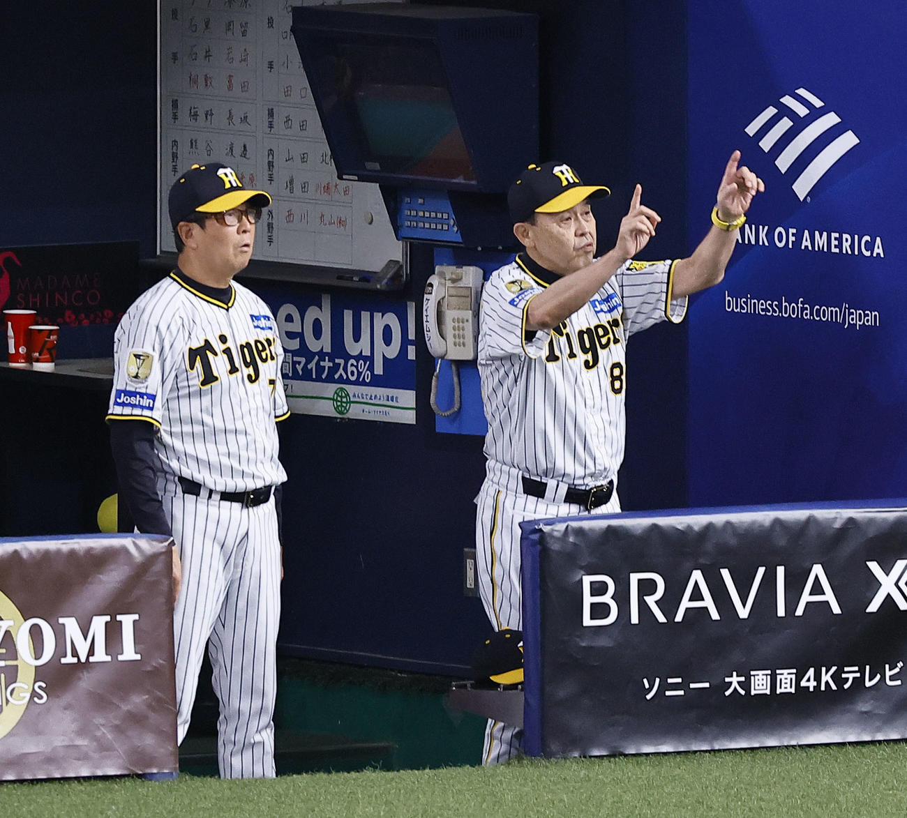 阪神対ヤクルト　2回裏阪神無死一塁、島田の三塁アウトの判定に、リクエストを要求する阪神岡田監督（撮影・藤尾明華）