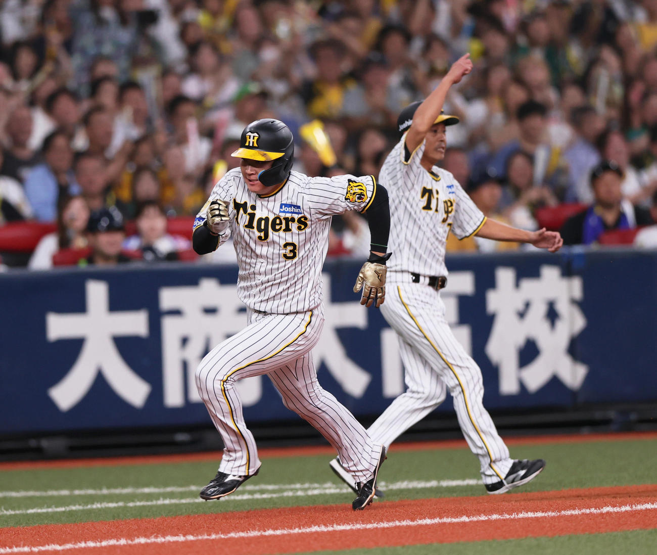 阪神対ヤクルト　2回裏阪神無死一塁、一走大山（手前）は島田の右適時二塁打で先制生還する。奥は藤本内野守備走塁コーチ（撮影・上山淳一）