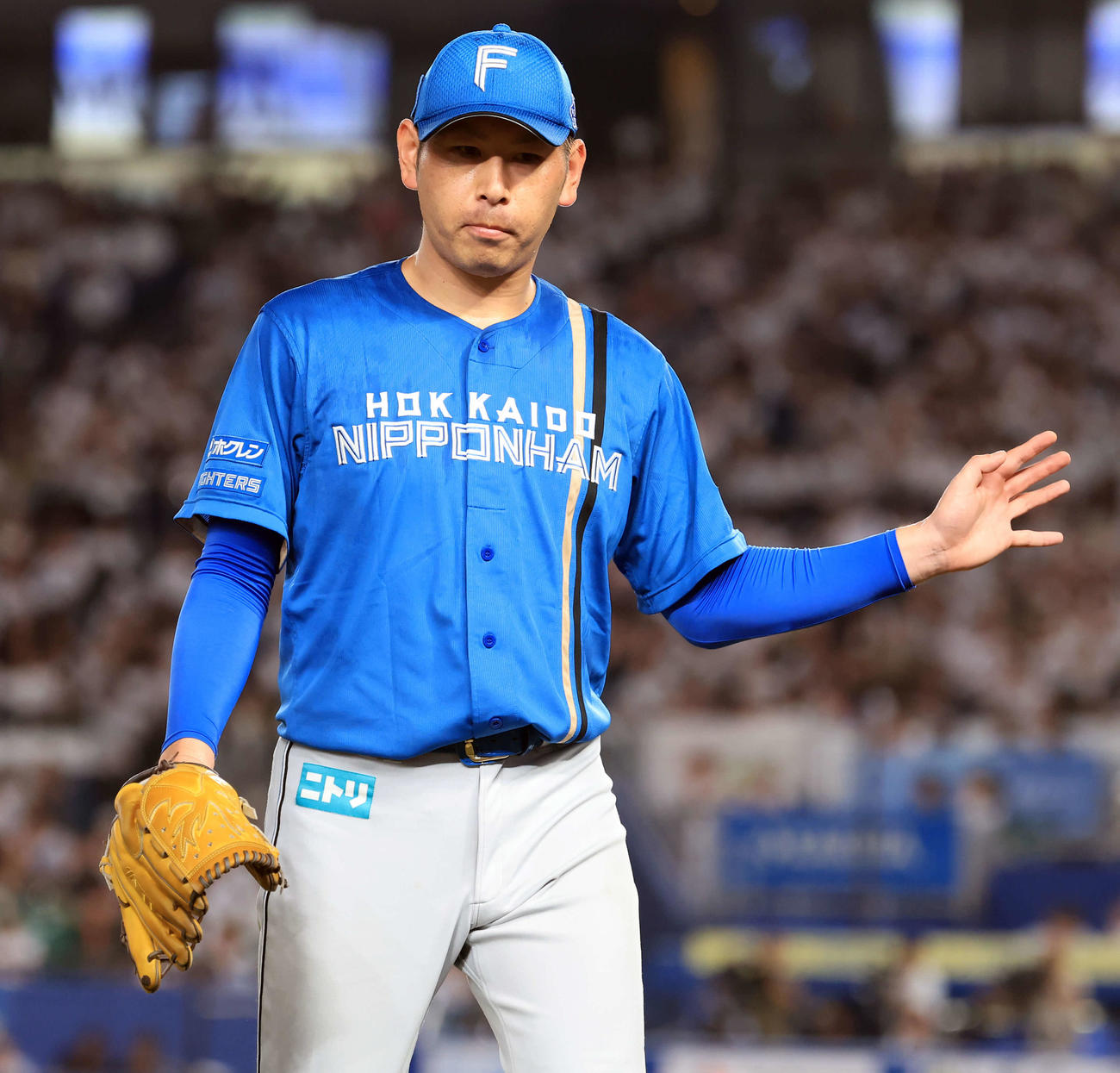 ロッテ対日本ハム　5回裏ロッテの攻撃を抑えた加藤貴は手を上げる（撮影・浅見桂子）