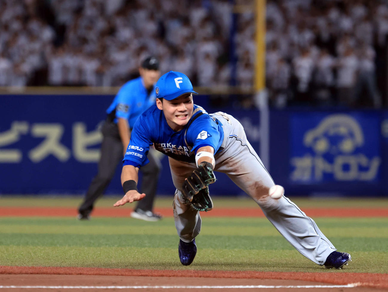 ロッテ対日本ハム　4回裏ロッテ2死一塁、小川の打球に飛び付く清宮だが安打にする（撮影・浅見桂子）