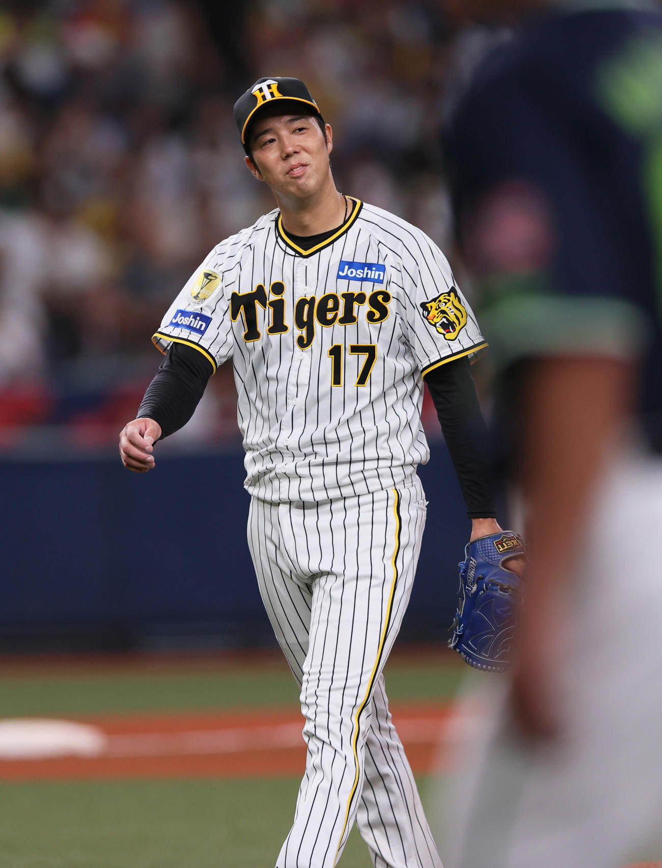 阪神対ヤクルト　6回表を投げ終え笑顔でベンチに引き揚げる阪神青柳（撮影・上山淳一）