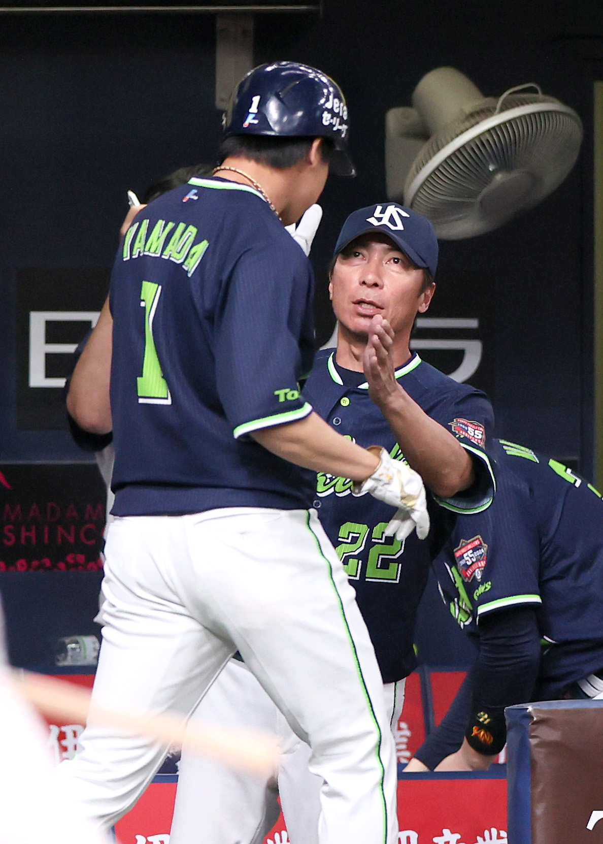 阪神対ヤクルト　9回表ヤクルト2死満塁、高津監督はオスナの右適時二塁打で生還した山田（手前）を出迎える（撮影・上山淳一）