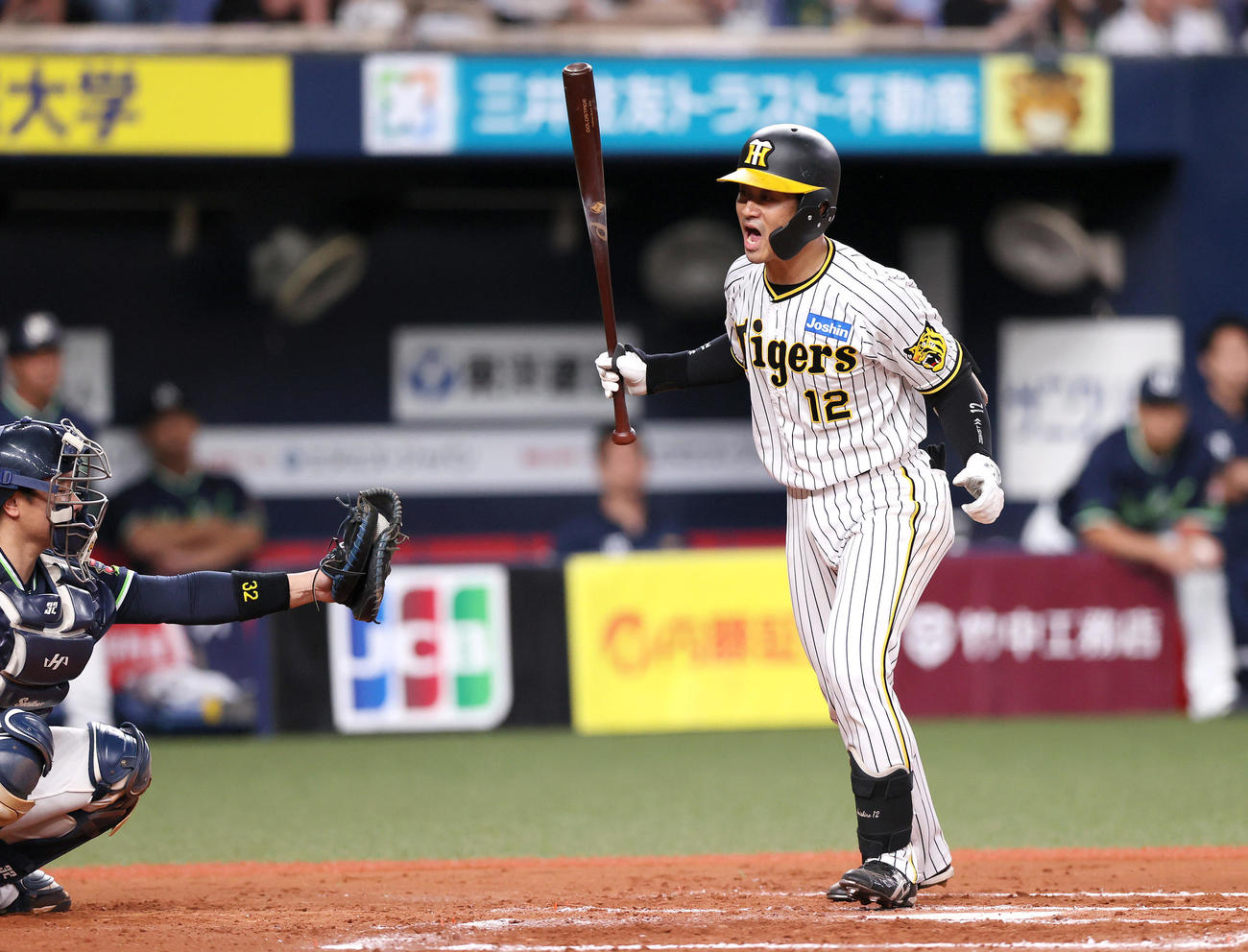 阪神対ヤクルト　7回裏阪神1死、坂本誠志郎は四球を選びさけぶ（撮影・上山淳一）