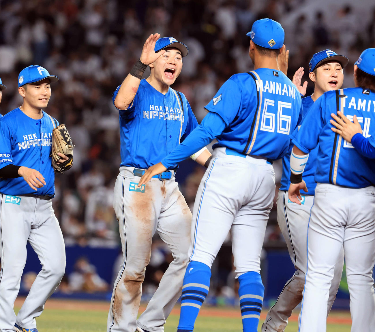 ロッテ対日本ハム　1点差で逃げ切り、笑顔で万波らナインとハイタッチする清宮（中央）（撮影・浅見桂子）