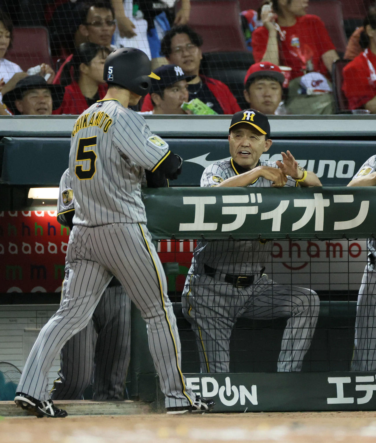 広島対阪神　5回表阪神2死二塁、佐藤輝の適時二塁打で生還した近本を迎える岡田監督（右）（撮影・加藤孝規）