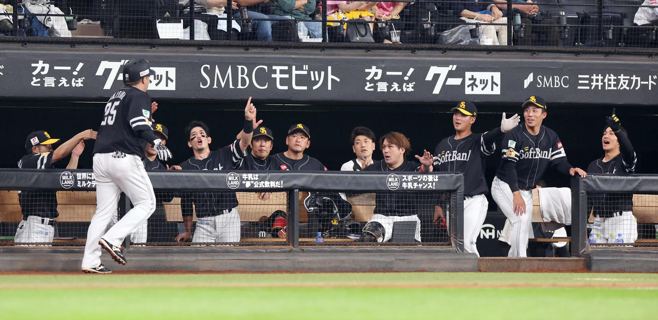 日本ハム対ソフトバンク　4回表ソフトバンク無死、山川は左越え本塁打を放ちナインに出迎えられる（撮影・佐藤翔太）