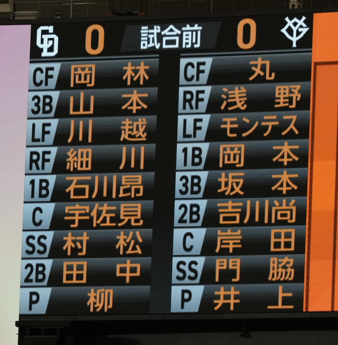 巨人対中日　両チーム先発メンバー（撮影・鈴木みどり）