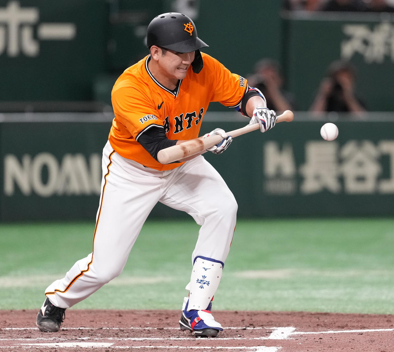 巨人対中日　6回裏巨人無死一塁、送りバントを決める菅野（撮影・鈴木みどり）