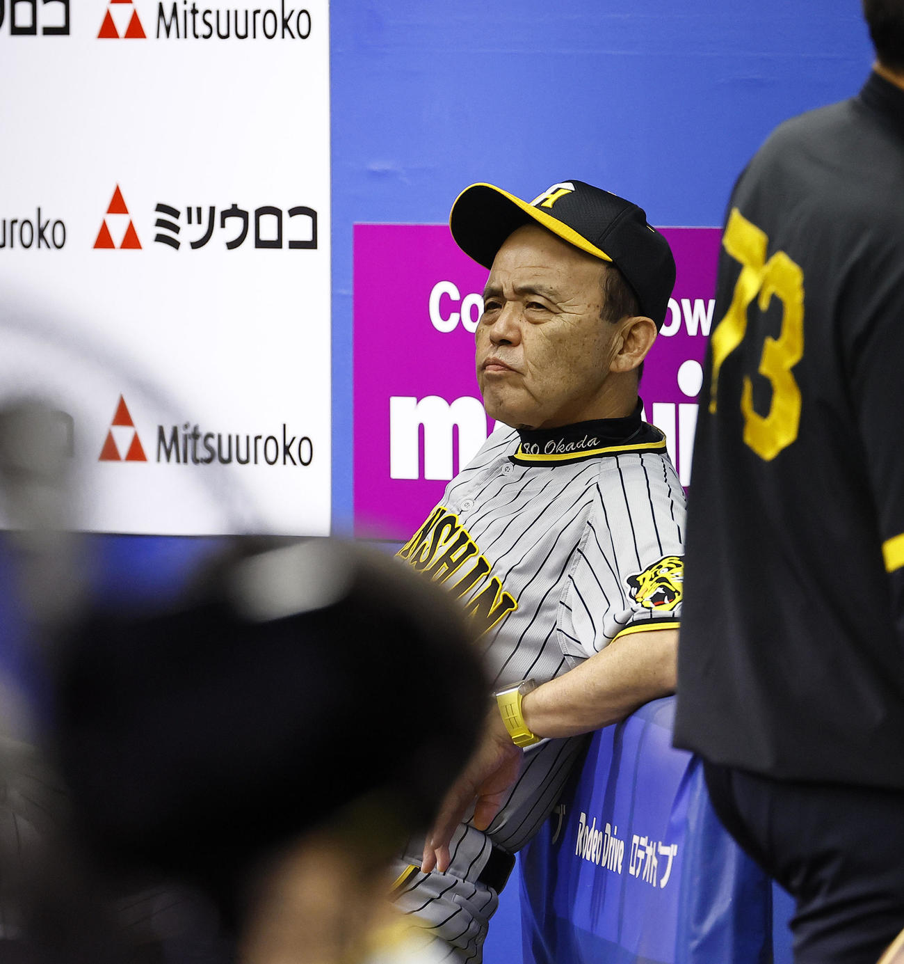 DeNA対阪神　7回、ベンチで厳しい表情を見せる阪神岡田監督（撮影・藤尾明華）