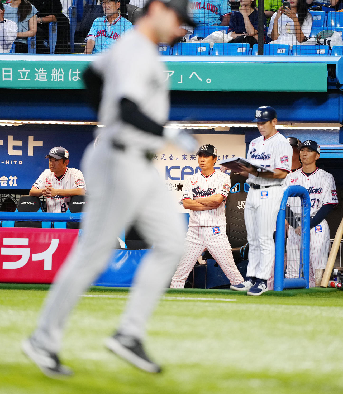 ヤクルト対巨人　1回表巨人1死二塁、吉村が岡本和に適時二塁打を浴び、ベンチで厳しい表情の高津監督（左から2人目）（撮影・江口和貴）