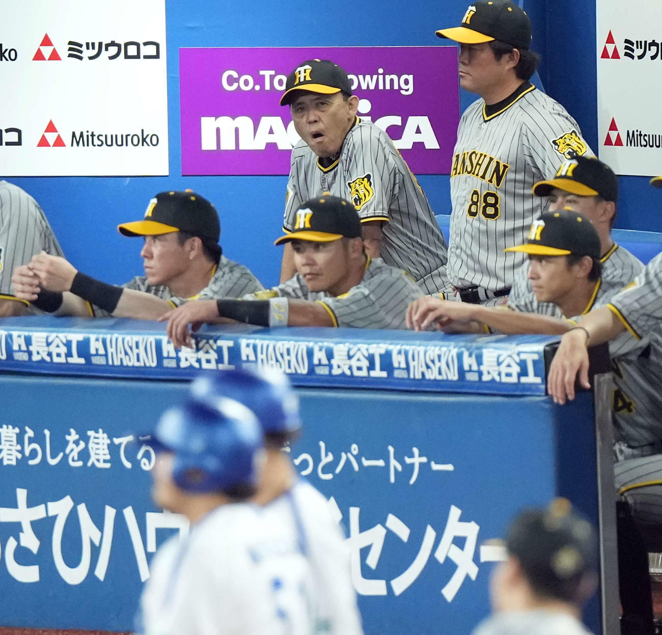 DeNA対阪神　3回裏、阪神の先発伊藤将の暴投で4－2とされ厳しい表情を見せる阪神岡田監督（撮影・たえ見朱実）