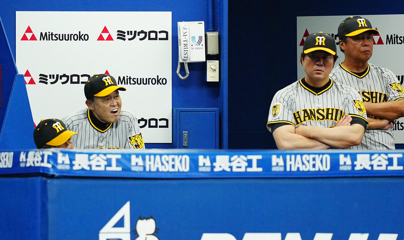 DeNA対阪神　4回表の攻撃で満塁の場面をつくるも無得点に終わった阪神岡田監督（左）はベンチで悔しげな表情を見せる（撮影・垰建太）