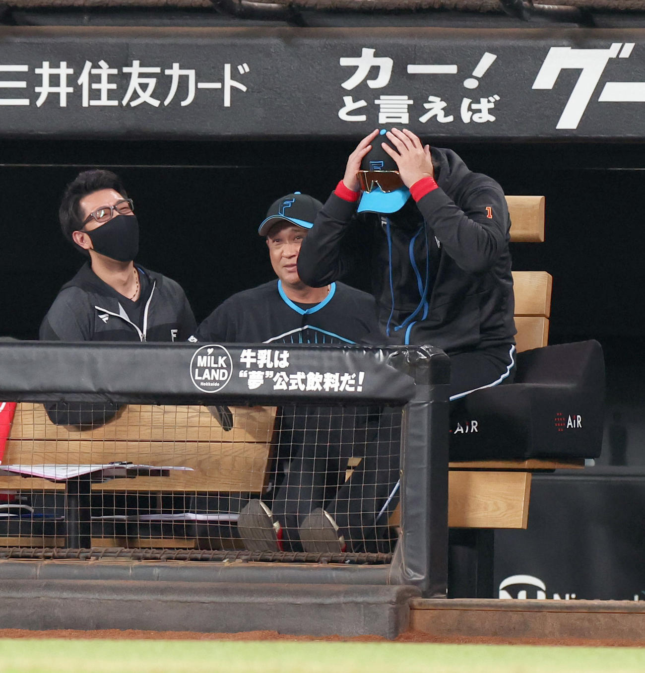 日本ハム対楽天　ベンチで頭をかかえる日本ハム新庄監督（2024年8月27日撮影）