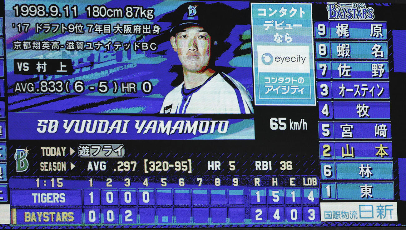 DeNDeNA対阪神　4回裏DeNA1死、村上の球速65キロを示すスコアボード（撮影・藤尾明華）