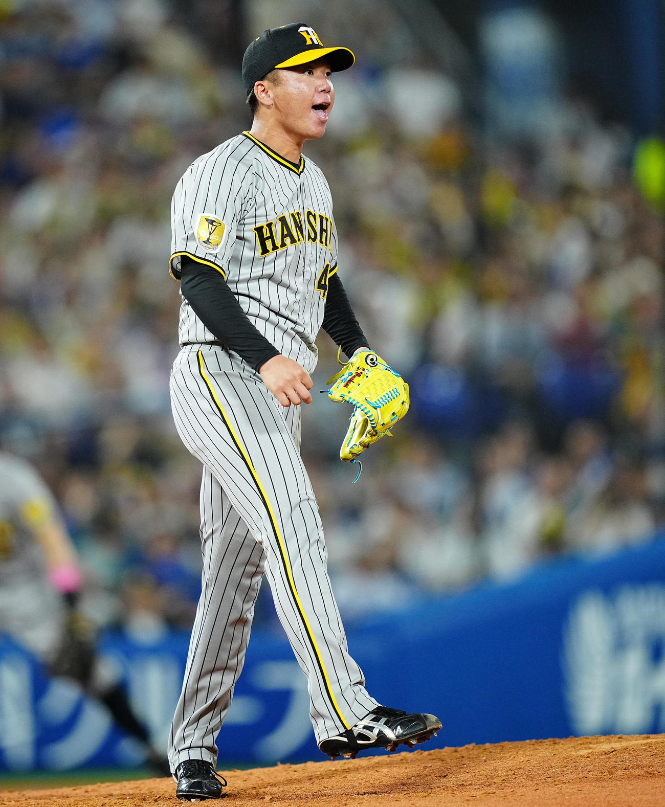 DeNA対阪神　4回裏DeNA1死、山本を三振に仕留め雄たけびを上げる村上（撮影・垰建太）
