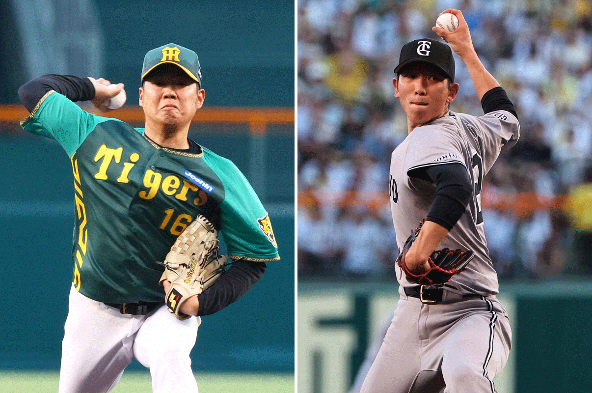 阪神西勇輝（左）と巨人戸郷翔征