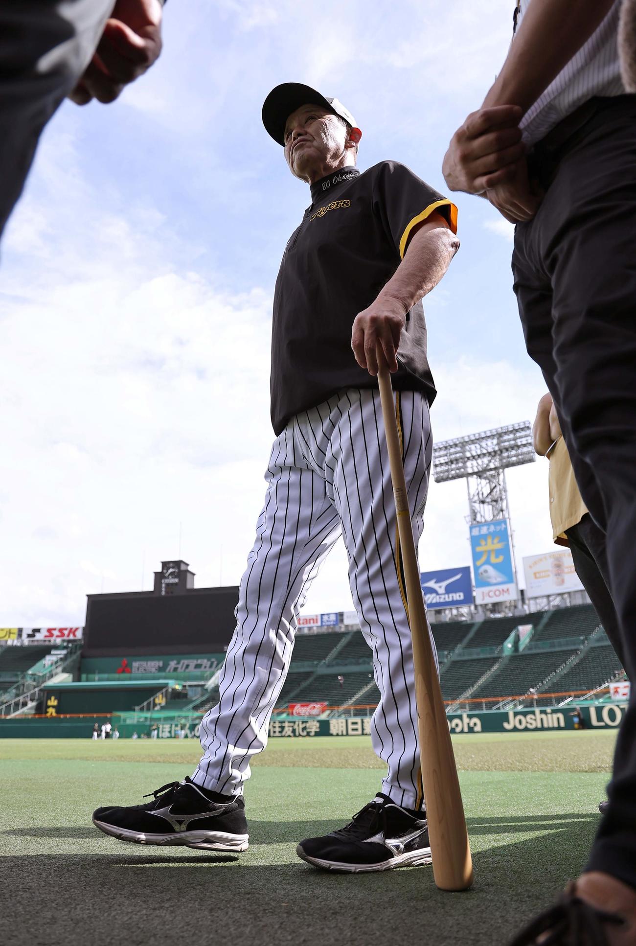 青空も見える甲子園で練習を見守る阪神岡田監督（撮影・上田博志）