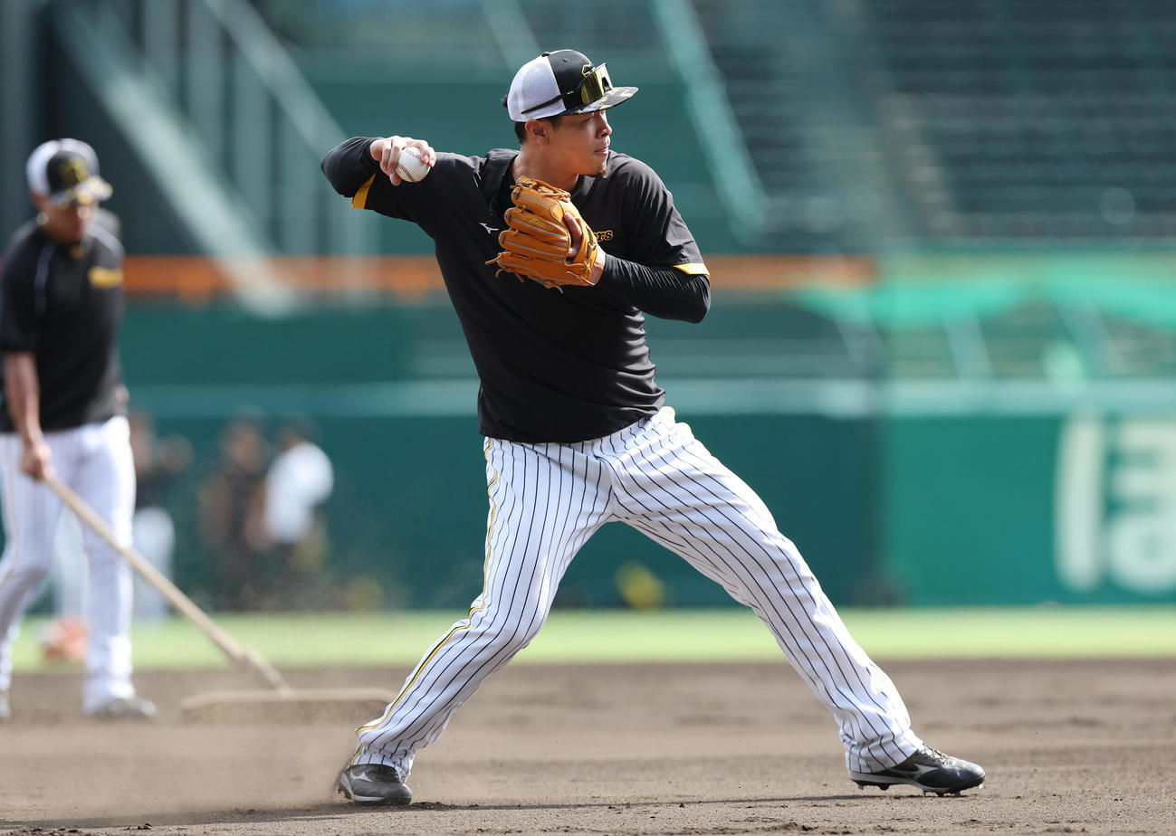 阪神対巨人　試合が中止となり、練習でノックを受ける阪神佐藤輝（撮影・前田充）