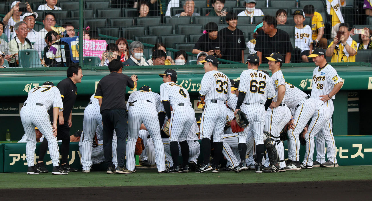 阪神対巨人　試合前の円陣を組む阪神ナイン（撮影・加藤哉）