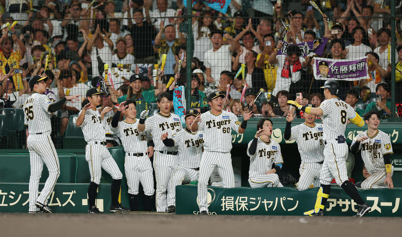 阪神対巨人　6回裏阪神2死一、二塁、逆転3点本塁打を放った佐藤輝を迎える阪神ナイン（撮影・前田充）